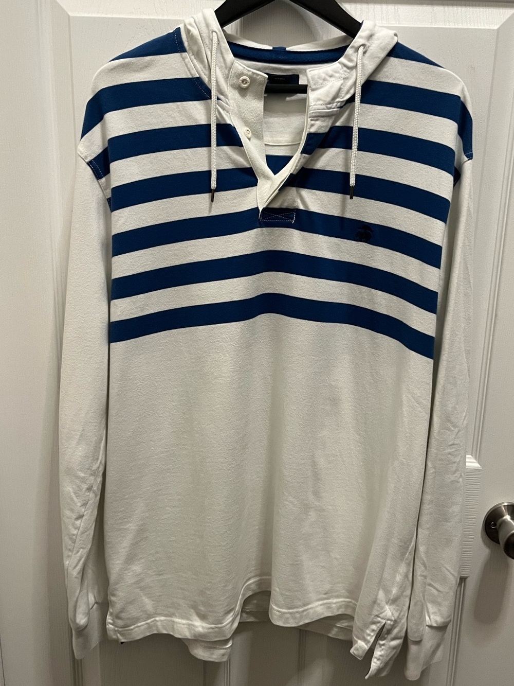 Brooks Brothers White and Blue Striped Hooded Long-Sleeve Shirt